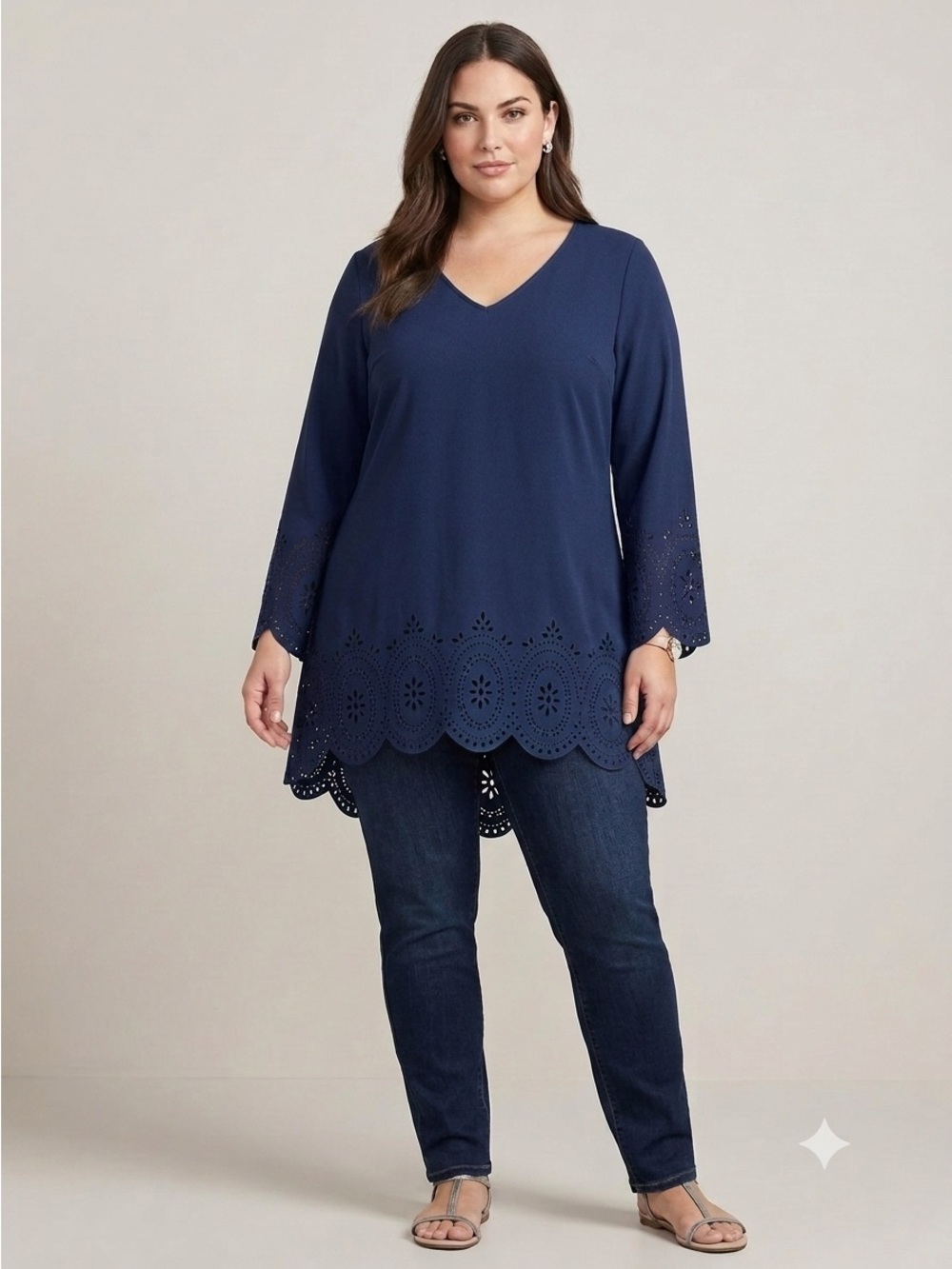 Catalina Navy Blue Laser Cut Eyelet Cutout Tunic Top Blouse 1X / 16W